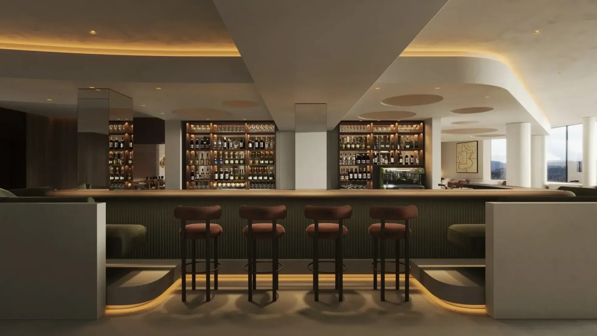 Hotel-Bar mit gedimmtem Licht und edlen Materialien